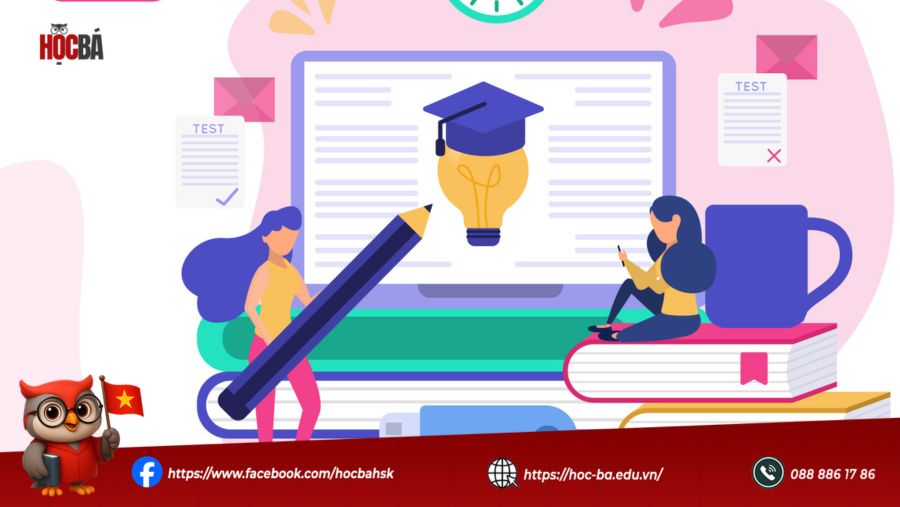 Giao diện học tiếng Trung trực tuyến với biểu tượng tốt nghiệp, bài giảng và kiểm tra trực tuyến