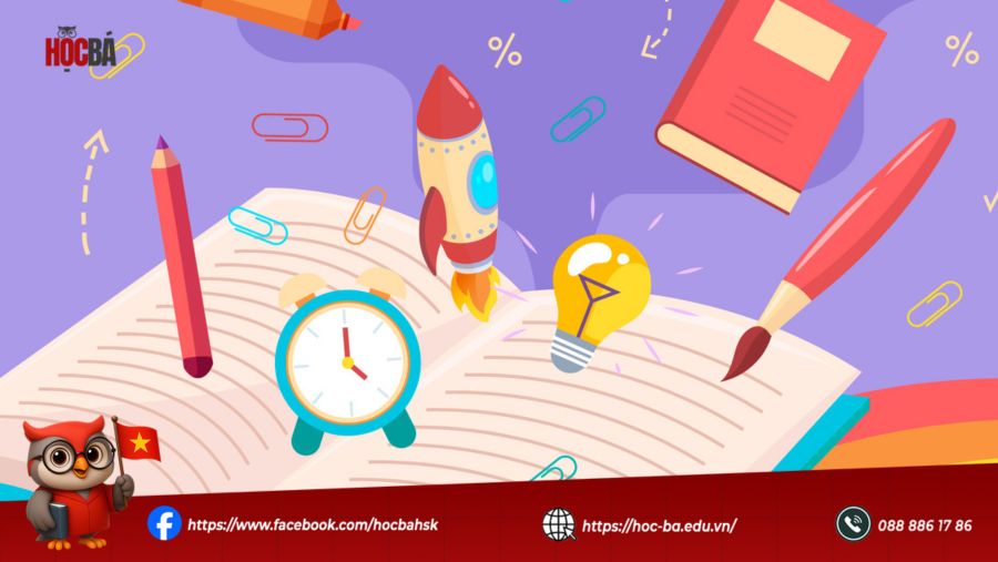 Trang vở HSK 3 mở cùng đồng hồ, tên lửa, bút, bóng đèn