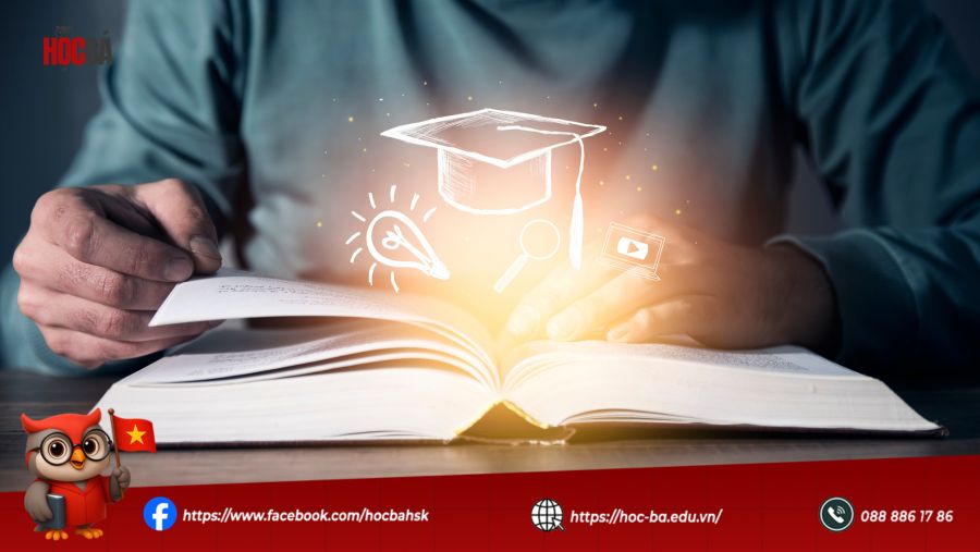 Học viên đọc sách với biểu tượng tri thức nổi bật