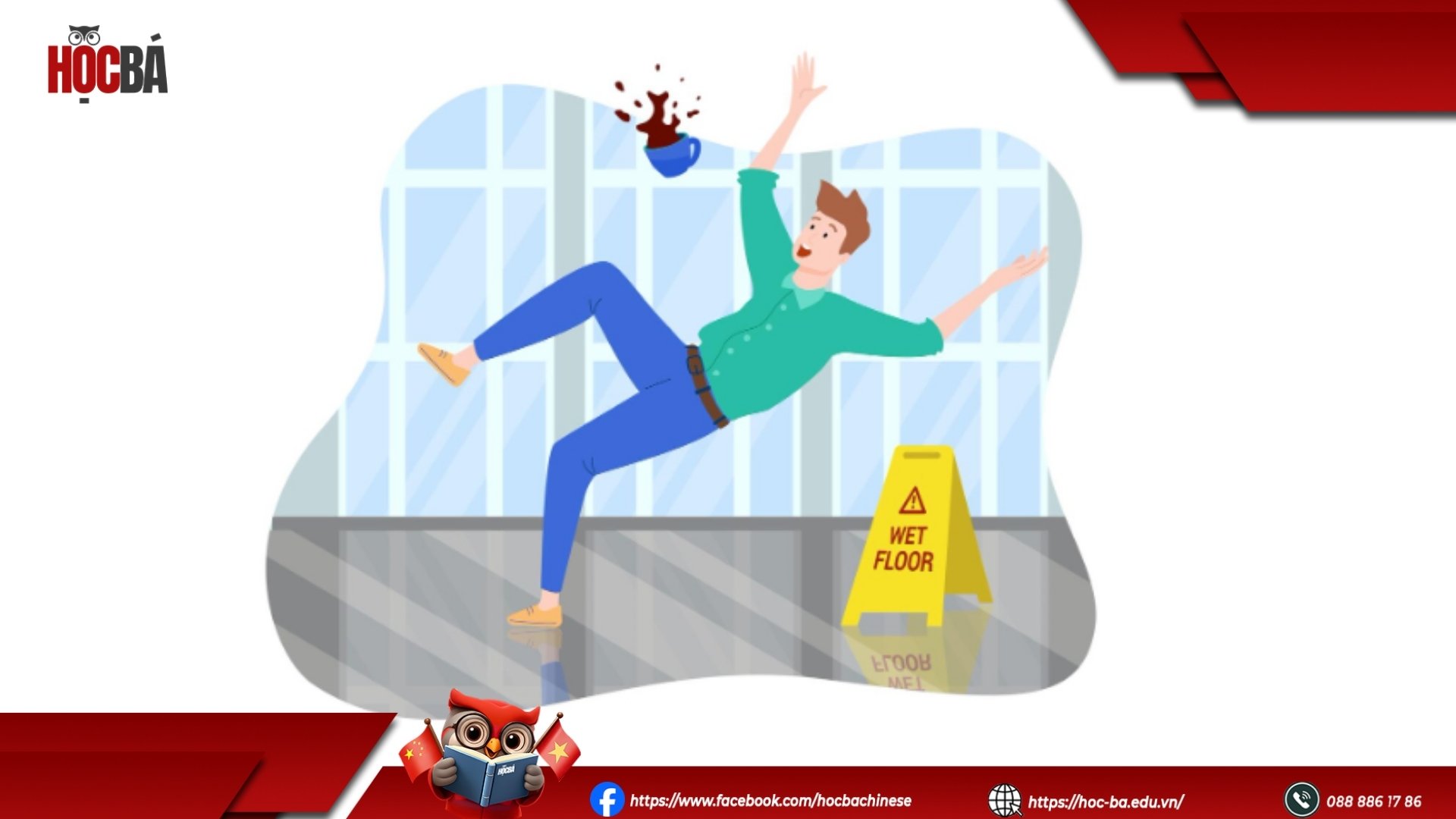 Người bị ngã do sàn trơn, cạnh biển cảnh báo “Wet Floor”