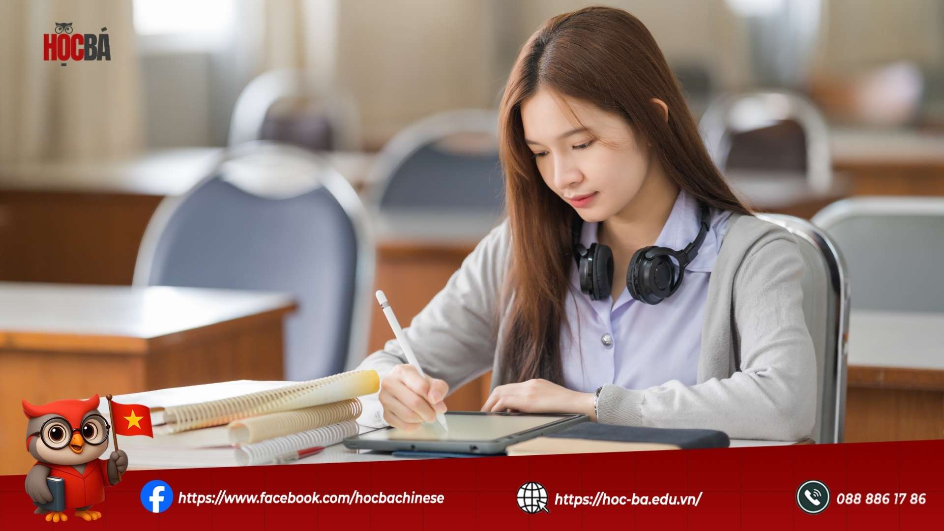 Học viên luyện viết tiếng Trung HSK 3 trong lớp học với thiết bị học tập hiện đại