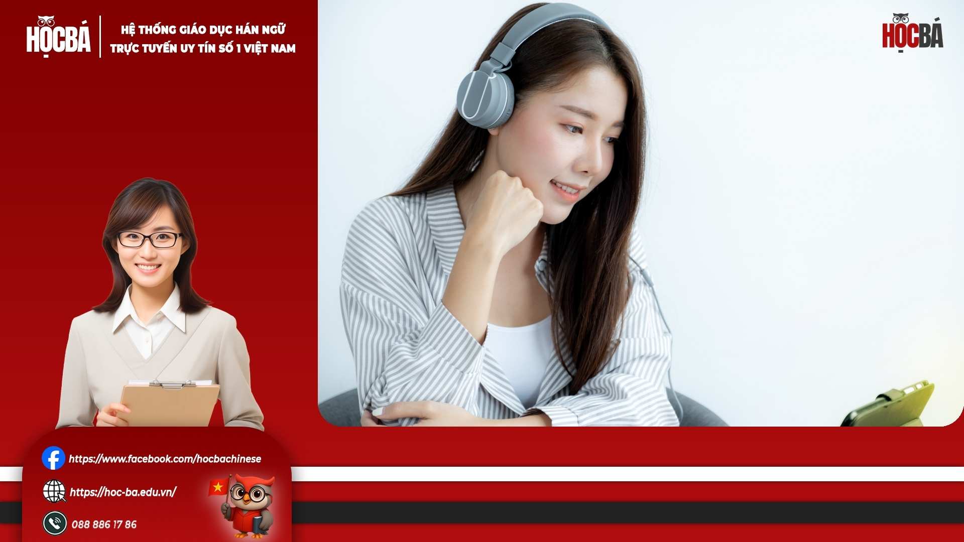Nữ học viên học tiếng Trung HSK 3 trực tuyến qua điện thoại với tai nghe