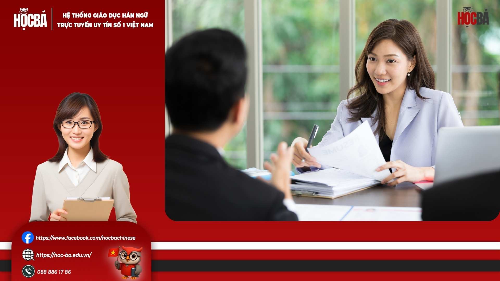 Nữ ứng viên phỏng vấn xin việc bằng tiếng Trung HSK 3 chuẩn bị hồ sơ và trả lời phỏng vấn trực tiếp