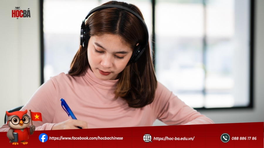 Nữ học viên đeo tai nghe, chăm chú ghi chép khi học tiếng Trung online, thể hiện phương pháp luyện nghe viết hiệu quả cho người học HSK 3