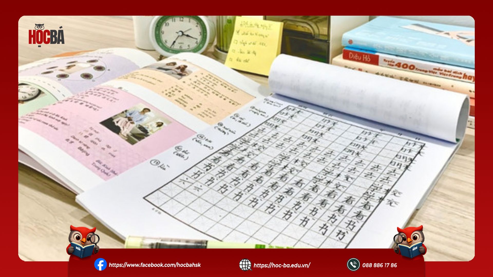 Sách và vở luyện viết chữ Hán trình độ HSK 3 kèm bảng luyện nét và tài liệu học từ vựng, phù hợp người học tiếng Trung trung cấp