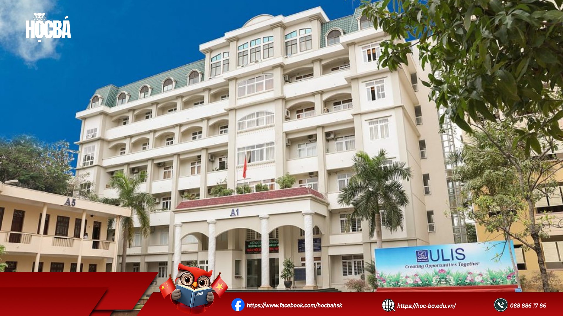 Tòa nhà A1 của Trường Đại học Ngoại ngữ – ĐHQGHN (ULIS), khuôn viên rộng, kiến trúc hiện đại, nhiều cây xanh