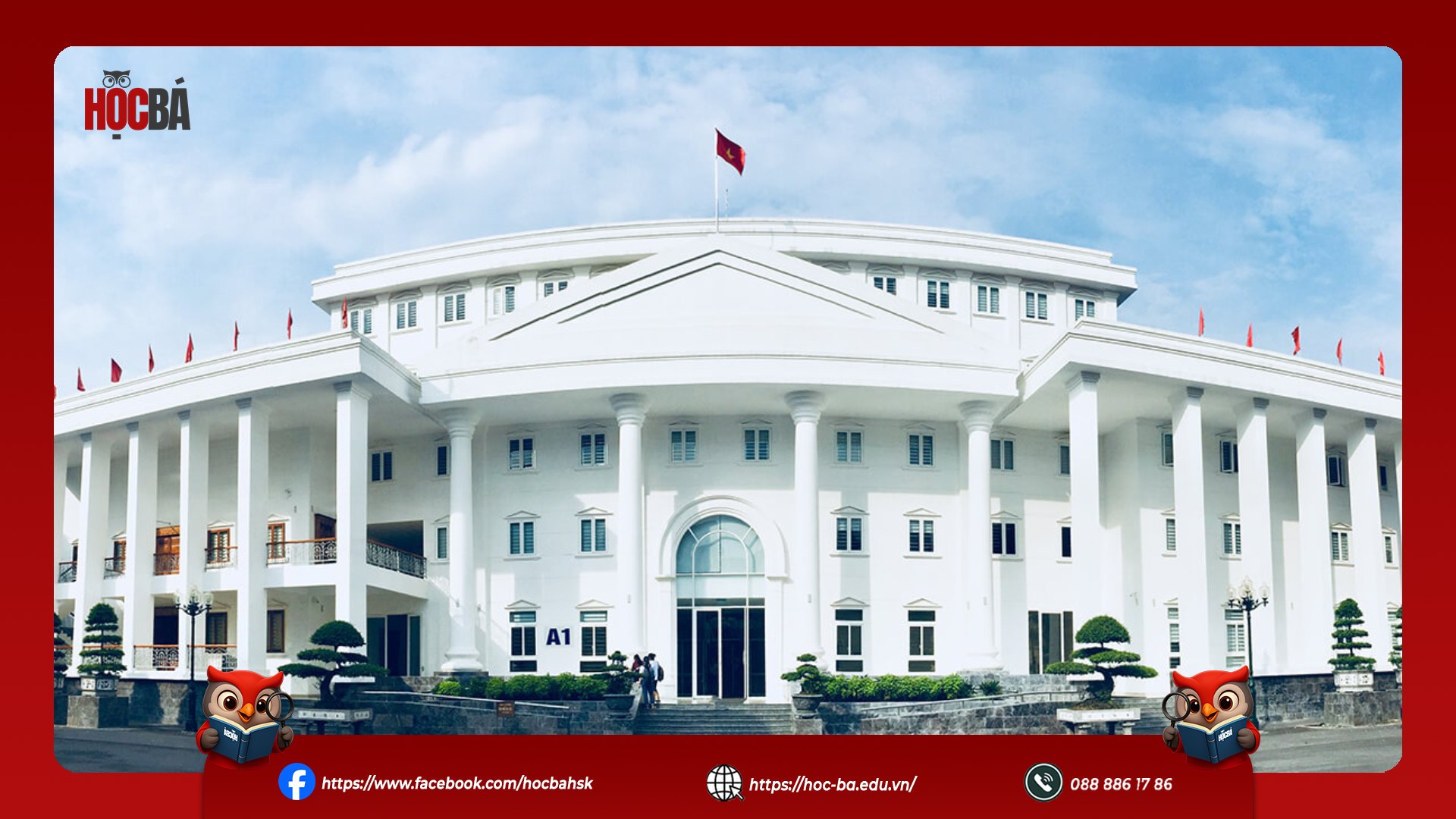 Tòa nhà A1 với kiến trúc cột trắng lớn, lá cờ Việt Nam trên mái, không gian trường đại học Hà Nội là nơi tổ chức kỳ thi HSK 4 mỗi năm