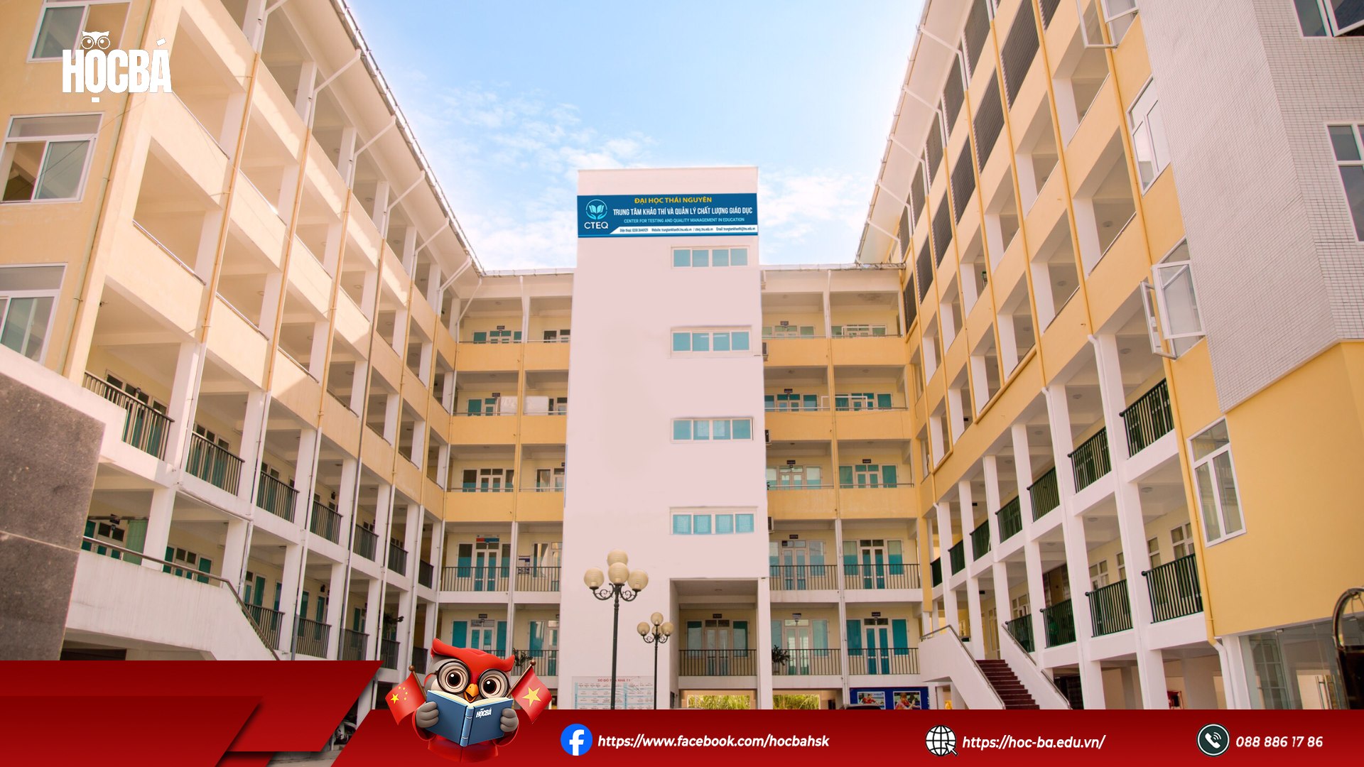 Khu giảng đường Đại học Thái Nguyên được lấy làm địa điểm tổ chức thi HSK 4 với kiến trúc nhiều tầng, hành lang rộng, không gian thoáng mát