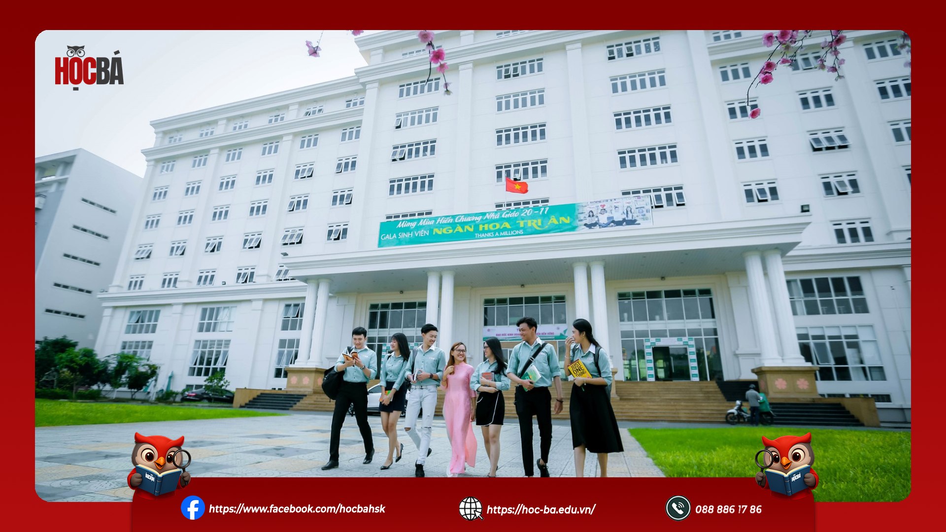 Thí sinh hoàn thành kỳ thi HSK 4 đi bộ trước tòa nhà trường đại học, không khí học tập năng động và thân thiện