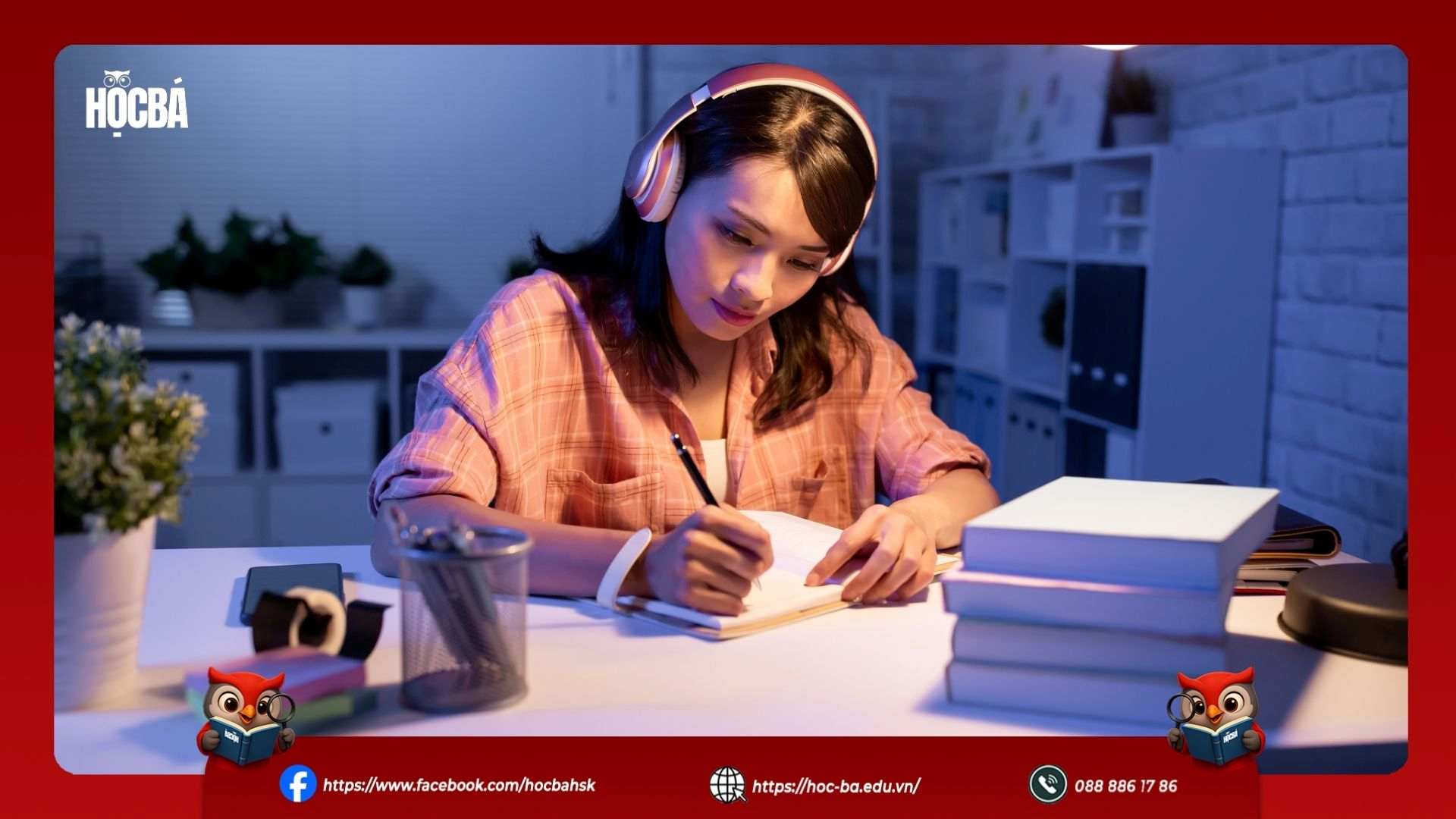 cô gái đang học từ vựng