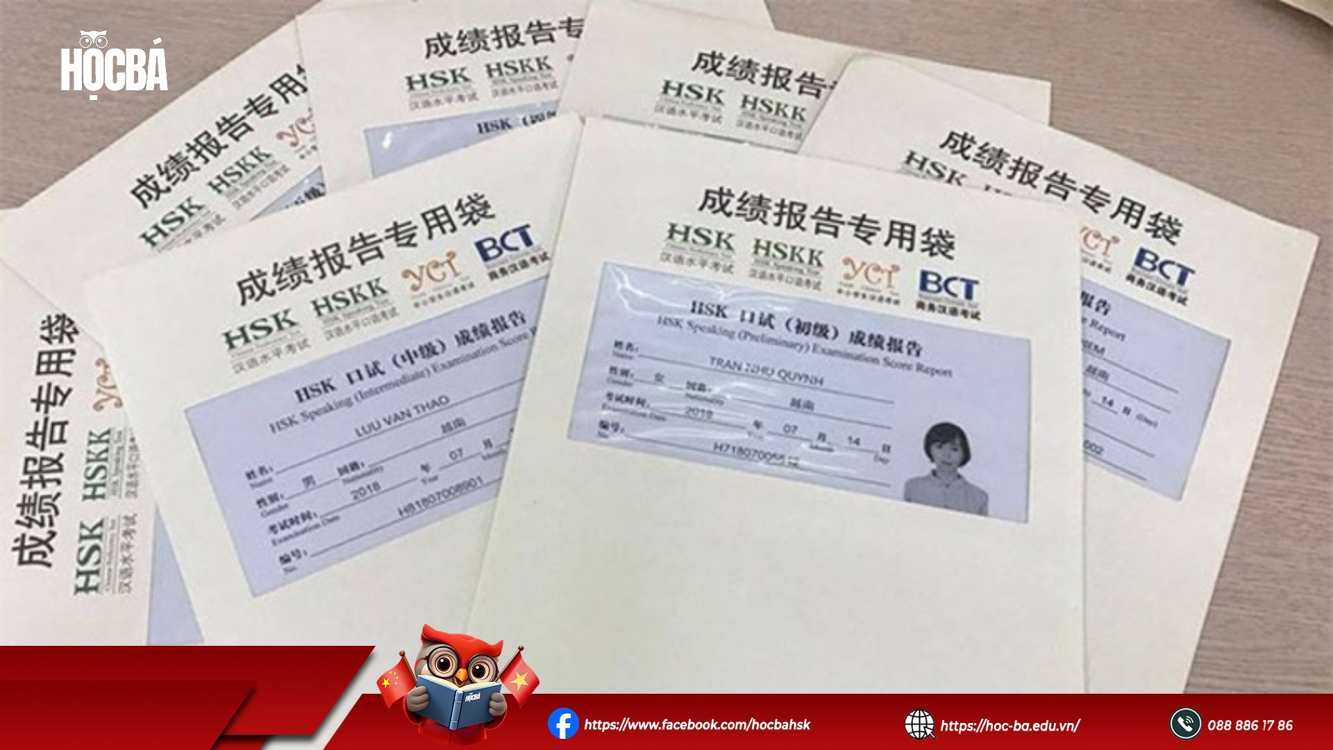 Các phong bì thư chính thức màu trắng đựng chứng chỉ kết quả thi HSK, HSKK, YCT và BCT do đơn vị tổ chức thi cấp.