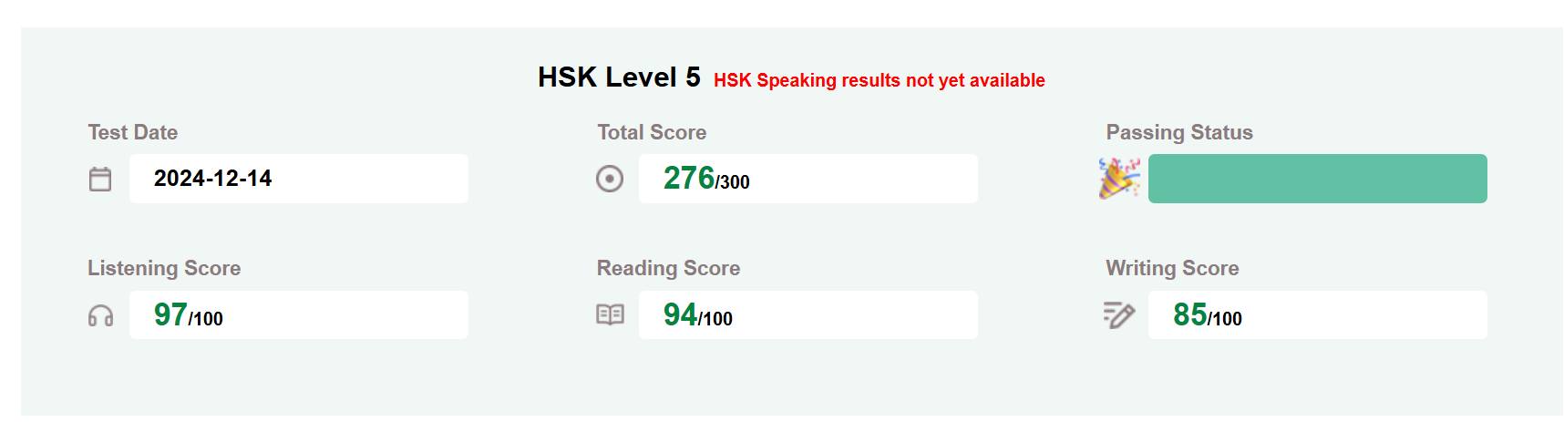 Giao diện tra cứu điểm thi HSK Level 5 online đạt 276 trên 300 điểm với các chỉ số điểm thành phần nghe, đọc, viết cụ thể.